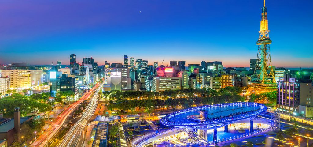 Nagoya's cityscape at night.