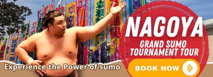 Left: a sumo wrestler raising his left hand transposed in front of colorful sumo banners outside the arena. Right text: "Nagoya Grand Sumo Tournament Tour, book now in white on a red and orange circle background.