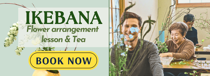 Text on left: "Ikebana flower arrangement lesson and tea" in green with "Book now" in yellow and black on a light green background with white flowers. Right: participants enjoying the ikebana course.