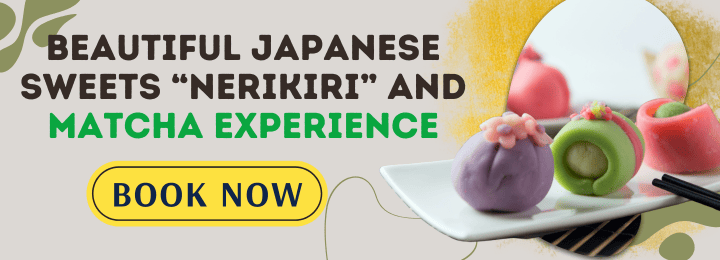 Text: "Beautiful Japanese sweets nerikiri and matcha experience, book now" on left. Right: three nerikiri sweets (purple, green, and pink) lined up on a white plate with black chopsticks.