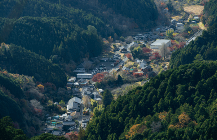 Shinshiro City from above via Mt. Horaiji, vivid with fall colors.