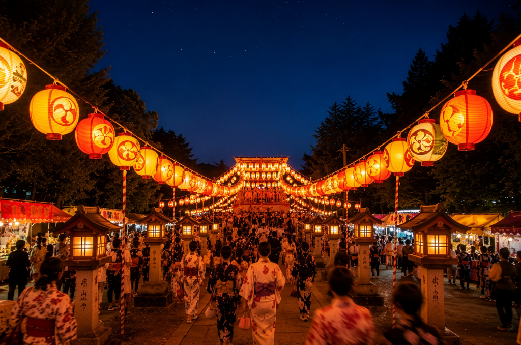 The lantern-lit entryway to a Bon Odori festival, with all participants dressed up in floral yukata.