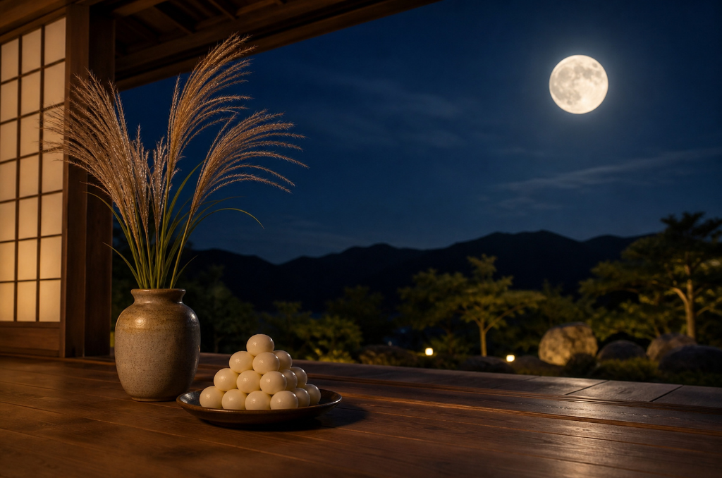 A vase of pampas grass and a plate of tsukimi dango piled into a pyramid sit on a table in front of a moonlit window with a shoji door on the left.