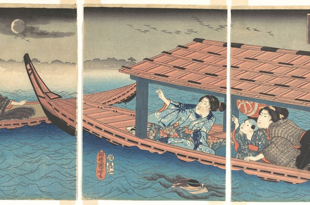 A Japanese woodblock painting of two women and a child wearing kimono sitting on an old-fashioned Japanese wooden boat pointing at the full moon.