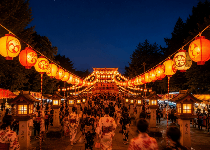 The lantern-lit entry to a Bon Odori festival at night, with all participants dressed up in floral yukata.