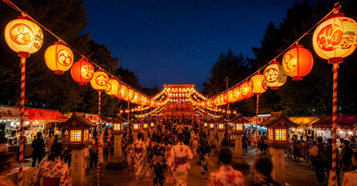The lantern-lit entry to a Bon Odori festival at night, with all participants dressed up in floral yukata.