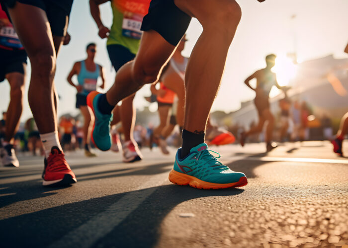 A group of runners passing by on a sunny day, visible from the knees down.