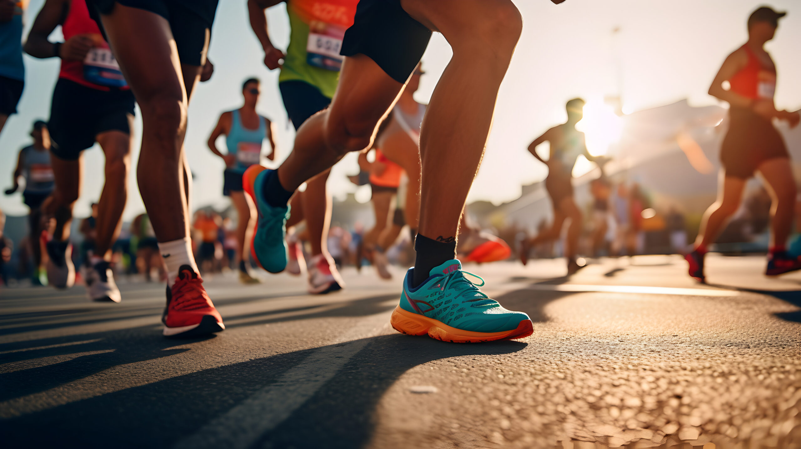 A group of runners passing by on a sunny day, visible from the knees down.