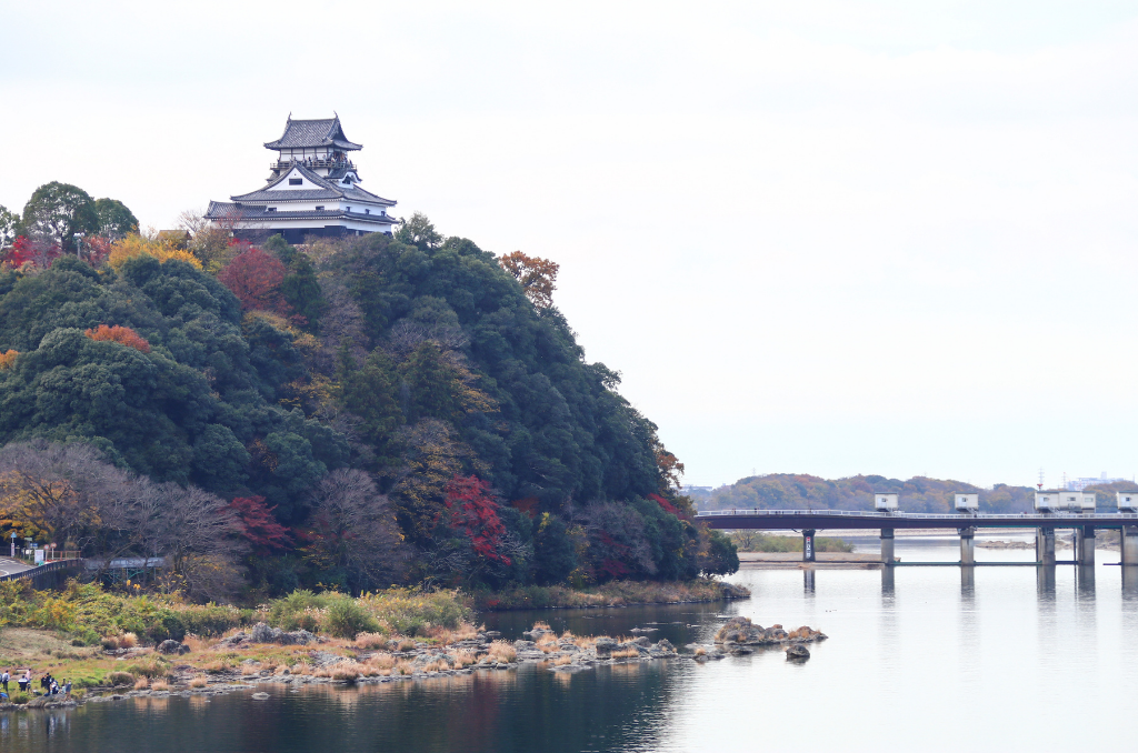 Inuyama Castle from a distance on a small mountain of trees in full fall colors of green, red, and orange, with a small bridge crossing the moat surrounding the castle.