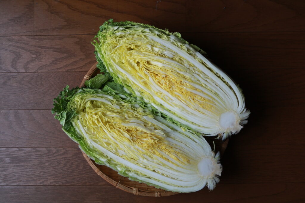 A head of hakusai, or napa cabbage, cut in half and displayed on a woven bamboo plate.