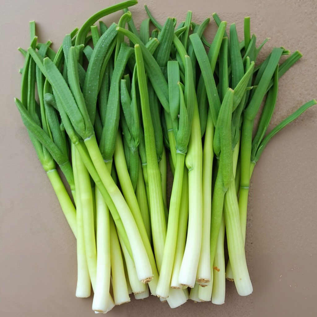 Several bundles of negi (green onion) against a tan background.