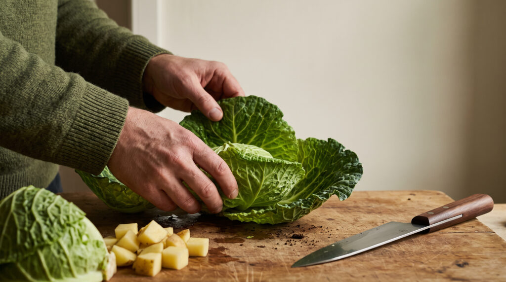 A man's hands opening and chopping winter cabbage alongside other vegetables on a wooden chopping board.