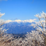 The view from the summit of Mt. Horaiji in winter, with snow-covered peaks in the distance and ice-covered trees in the foreground.